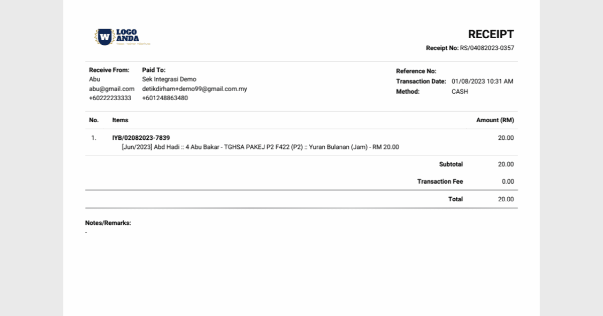 Contoh Resit Bayaran