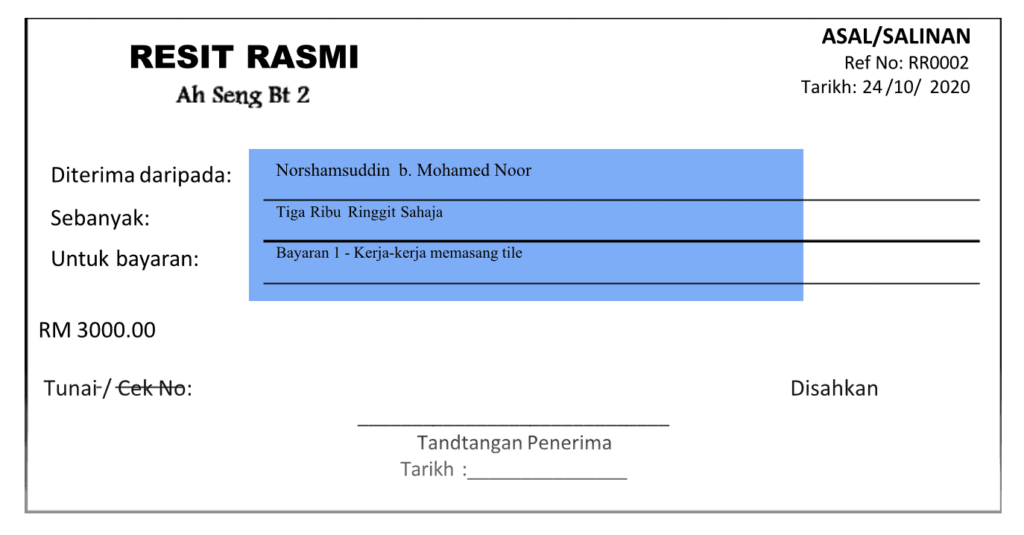 Contoh resit bayaran dengan senarai item, kuantiti, harga seunit dan kaedah bayaran